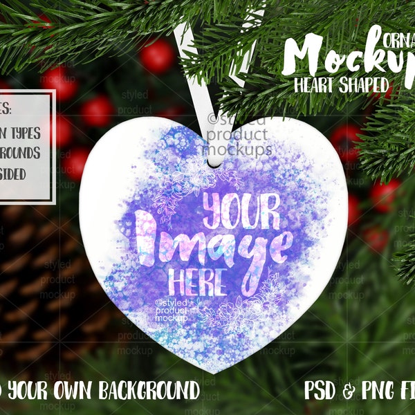 Dye sublimation heart shaped aluminum Christmas ornament mockup | Add your own image and background