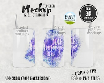 Dye sublimation 12 oz straight tumbler Mockup | Add your own image and background | Canva frame mockup