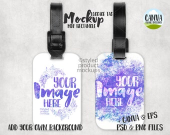 Dye sublimation rectangle luggage tag with black strap Mockup | Add your own image and background | Canva frame mockup