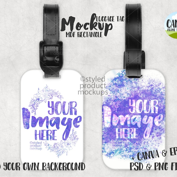 Dye sublimation rectangle luggage tag with black strap Mockup | Add your own image and background | Canva frame mockup