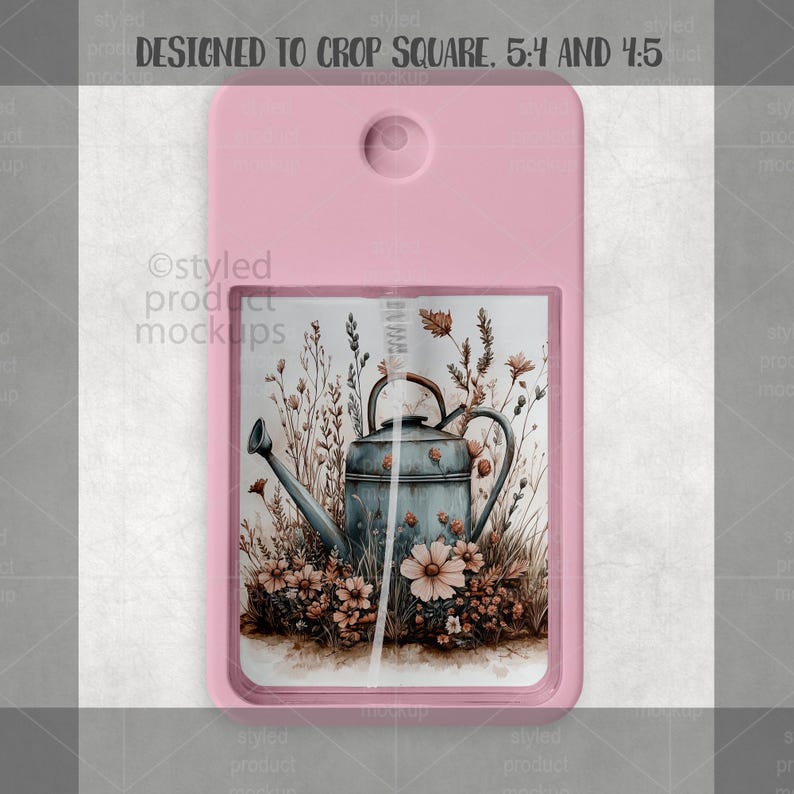 May include: A pink rectangular hand sanitizer spray bottle. The bottle features a watercolor design of a blue watering can surrounded by flowers and plants. The text "DESIGNED TO CROP SQUARE. 5:4 AND 4:5" is at the top.