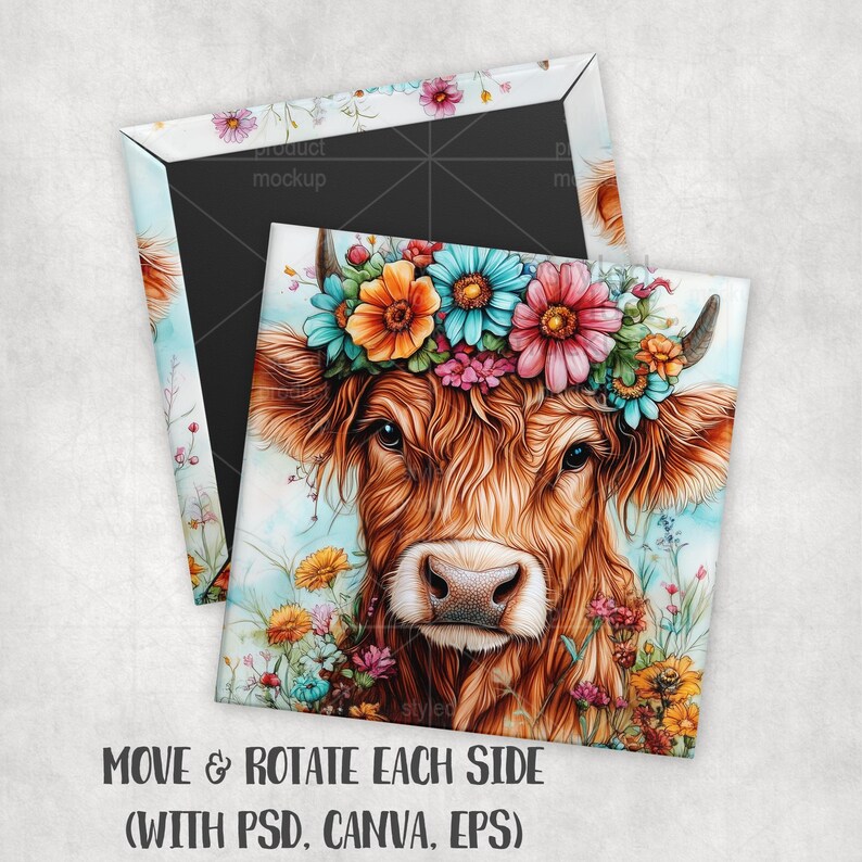 Puede incluir: Un im&aacute;n cuadrado con una ilustraci&oacute;n detallada de una vaca marr&oacute;n adornada con una corona floral. El im&aacute;n tiene un borde blanco con un patr&oacute;n floral. El texto "MOVE & ROTATE EACH SIDE (WITH PSD, CANVA, EPS)" est&aacute; en la parte inferior.