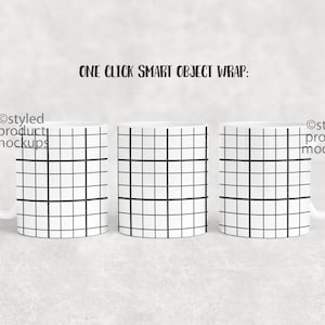 May include: Three white ceramic mugs with black grid patterns. The mugs are arranged in a row on a light gray background. The text "ONE CLICK SMART OBJECT WRAP" is above the mugs.