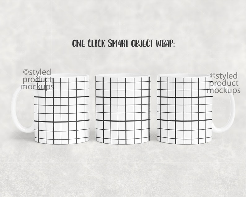May include: Three white ceramic mugs with black grid patterns. The mugs are arranged in a row on a light gray background. The text "ONE CLICK SMART OBJECT WRAP" is above the mugs.