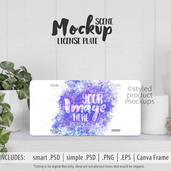 Dye sublimation license plate shown on shelf scene Mockup | Add your own image and background | Canva frame mockup