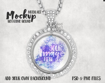 Dye sublimation round rhinestone spinning necklace pendant Mockup | Add your own image and background