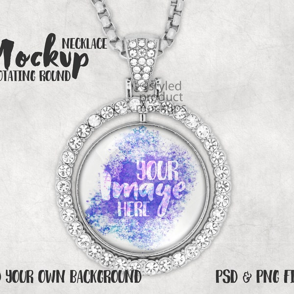 Dye sublimation round rhinestone spinning necklace pendant Mockup | Add your own image and background