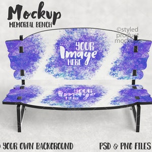 May include: A black wooden memorial bench with a white and purple watercolor design. The bench has a place for a personalized message, "Your Image Here".