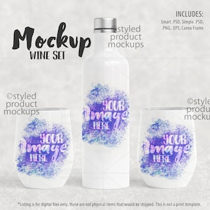 May include: Mockup of a wine set with a stainless steel water bottle and two stainless steel wine tumblers. The bottle and tumblers are white with a watercolor-style design and the text "Your Image Here".