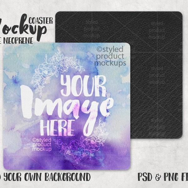 Square Neoprene coaster with black back mockup with front and back view