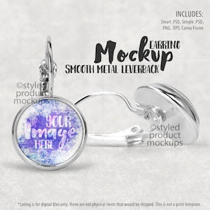 May include: A silver earring mockup with a leverback closure. The earring is round and has a clear glass insert that can be customized with an image. The text "YOUR IMAGE HERE" is visible on the glass insert.