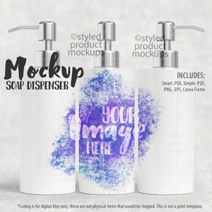 Mockup di pompa erogatrice di sapone per sublimazione / Mockup di pompa erogatrice di lozione / Aggiungi la tua immagine e sfondo