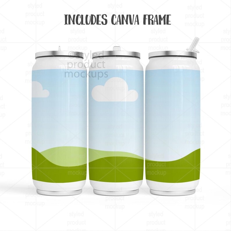 May include: Three white insulated beverage tumblers with a sky and landscape design. The design features a blue sky with white clouds and green rolling hills. One tumbler has a straw.
