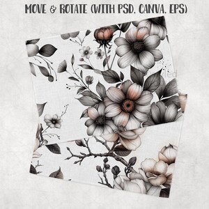 Puede incluir: Dos cuadrados de tela con estampado floral. El dise&ntilde;o presenta flores grandes en tonos grises, melocot&oacute;n y blanco, con hojas y tallos. El texto "MOVE & ROTATE (WITH PSD, CANVA, EPS)" est&aacute; en la parte superior.