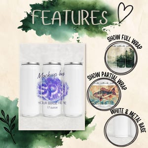 May include: White 17-ounce tumbler mockup with a metal base and lid. The image shows the tumbler with a full wrap and partial wrap design options. Text on the tumbler reads "Mockup by SPM" and "YOUR IMAGE HERE".