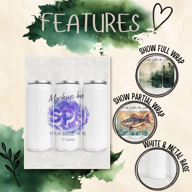 May include: White 17-ounce tumbler mockup with a metal base and lid. The image shows the tumbler with a full wrap and partial wrap design options. Text on the tumbler reads "Mockup by SPM" and "YOUR IMAGE HERE".