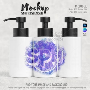 Mockup di dispenser di sapone per sublimazione di tintura Visualizzazione completa / Aggiungi la tua immagine e sfondo / Mockup intelligente di Photoshop / Mockup con cornice Canva
