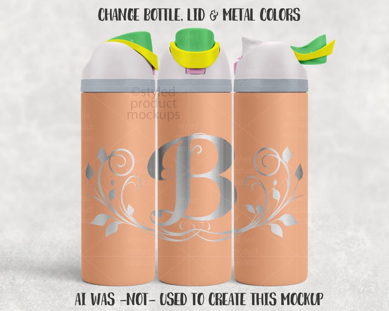 May include: Three peach-coloured water bottles with white lids and silver accents. The bottles feature a silver floral design and a large silver letter "B". The lids have green and yellow accents. The text "CHANGE BOTTLE. LID & METAL COLORS" is at the top.