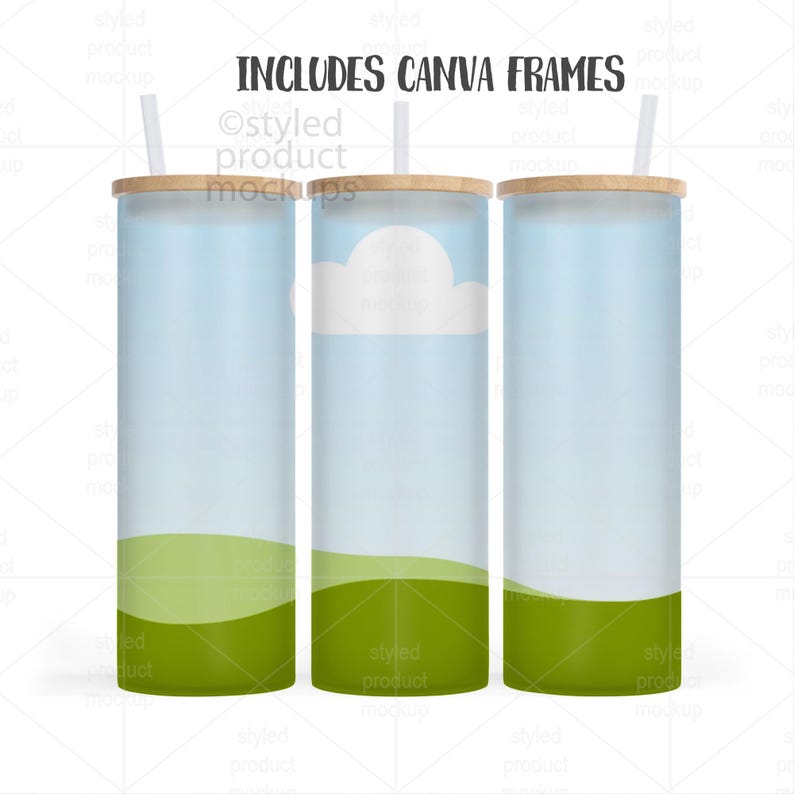 May include: Three glass tumblers with bamboo lids and straws. The tumblers feature a sky and landscape design with a blue sky, white cloud, and green grass. The text "INCLUDES CANVA FRAMES" is at the top.