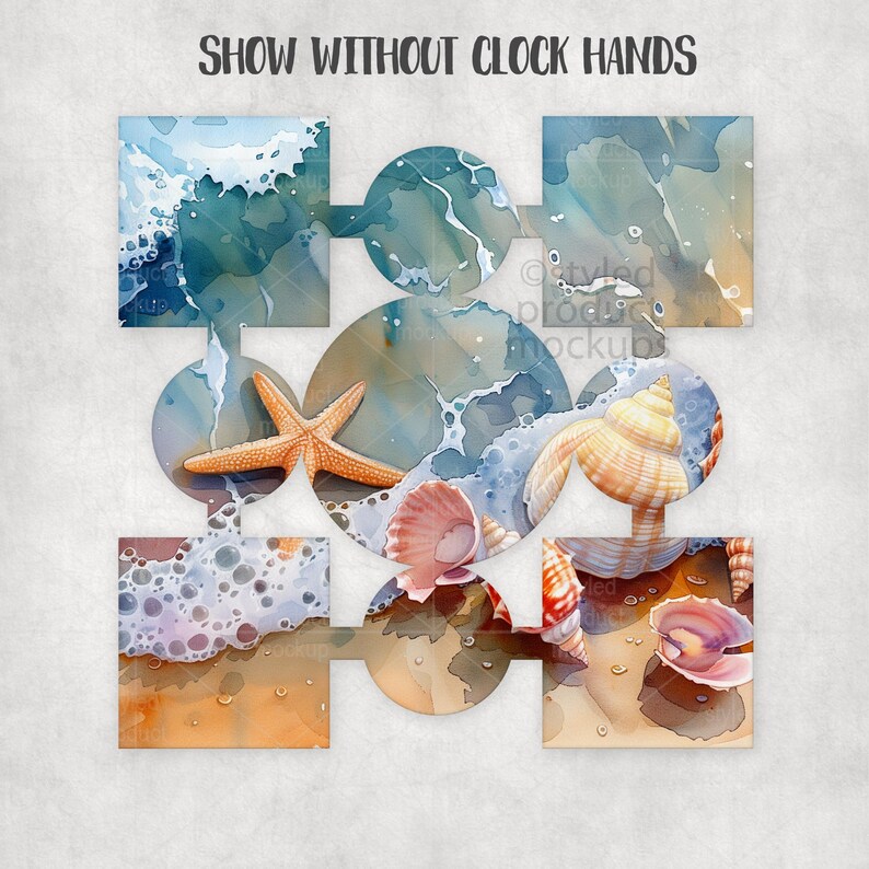 K&ouml;nnte beinhalten: Eine digitale Kunstkomposition mit einem Seestern, Muscheln und Meereswellen. Das Design verwendet quadratische und kreisf&ouml;rmige Formen mit Aquarelltexturen in Blau, Beige und Orange. Der Text oben lautet "SHOW WITHOUT CLOCK HANDS."