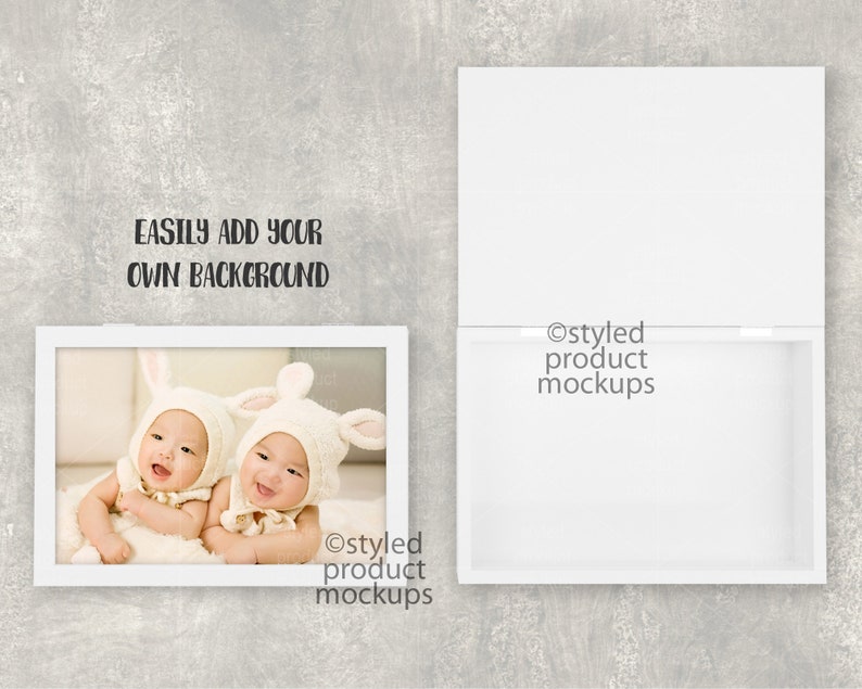 May include: A white rectangular product mockup with a framed photo of two babies wearing bunny hats. The text "EASILY ADD YOUR OWN BACKGROUND" is above the frame. A second open white box is to the right. The words "styled product mockups" are in the lower right.