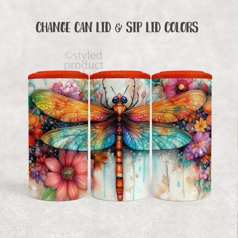 May include: Three cylindrical tumblers with a vibrant dragonfly design. The dragonfly features orange, teal, and blue wings, with a detailed body. The tumblers are adorned with colorful floral patterns and have red lids. Text at the top reads "CHANGE CAN LID & SIP LID COLORS."