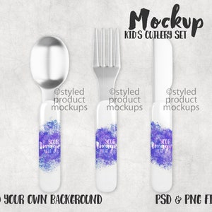 May include: A set of three kid's cutlery pieces, a spoon, fork, and knife, with white handles and purple watercolor designs. The handles have the text "Your Image Here" printed on them.