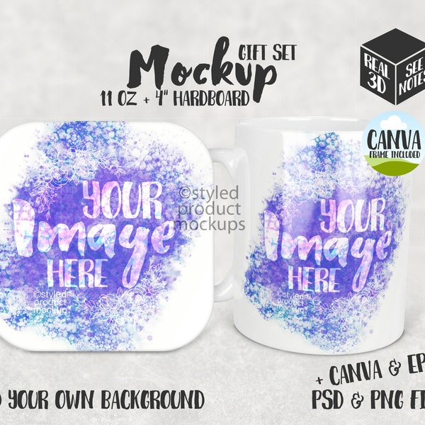 Dye sublimation 11oz mug with square hardboard coaster Mockup | Add your own image and background | Canva Frame Mockup