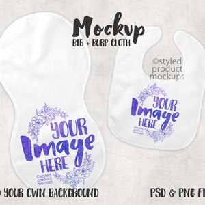 Dye sublimation micro velour baby bib and peanut shaped burp cloth mockup template | Add your own image and background