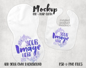 Dye sublimation micro velour baby bib and peanut shaped burp cloth mockup template | Add your own image and background