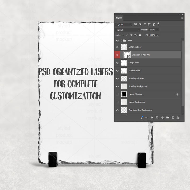 Puede incluir: Una maqueta de producto de pizarra blanca con soportes negros. La pizarra tiene un borde rugoso y texturizado y presenta el texto "PSD ORGANIZED LAYERS FOR COMPLETE CUSTOMIZATION". Se ve un panel de capas.