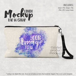 Dye sublimation linen pouch with strap mockup template | Add your own image and background