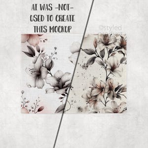 Puede incluir: Maqueta de dise&ntilde;o floral con flores blancas y rosa p&aacute;lido y hojas gris oscuro, en un estilo acuarela. El texto "AI WAS -NOT- USED TO CREATE THIS MOCKUP" est&aacute; en la parte superior. El dise&ntilde;o est&aacute; sobre un fondo beige claro.