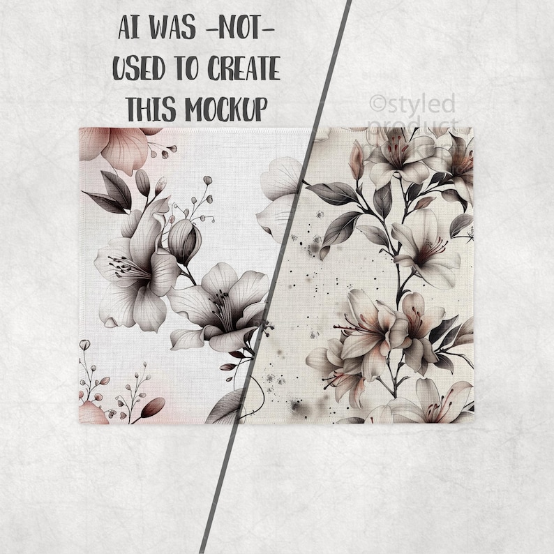 Puede incluir: Maqueta de dise&ntilde;o floral con flores blancas y rosa p&aacute;lido y hojas gris oscuro, en un estilo acuarela. El texto "AI WAS -NOT- USED TO CREATE THIS MOCKUP" est&aacute; en la parte superior. El dise&ntilde;o est&aacute; sobre un fondo beige claro.