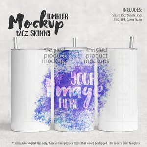 Dye sublimation 12oz skinny tumbler Mockup | Add your own image and background
