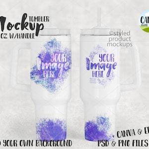May include: White 40 ounce tumbler with a handle and a clear lid. The tumbler has a purple and blue watercolor design with the text "YOUR IMAGE HERE".