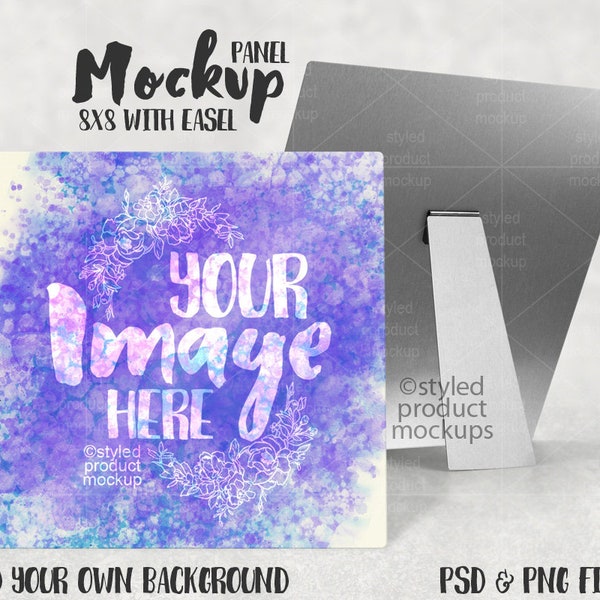 Dye sublimation 8x8 aluminum panel with easel mockup template | Add your own image and background