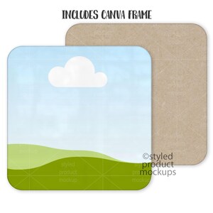 May include: A digital mockup of a square card with a blue sky, white cloud, and green grass. The card is on a brown background. The text "Includes Canva Frame" is at the top of the image. The text "styled product mockups" is at the bottom of the image.