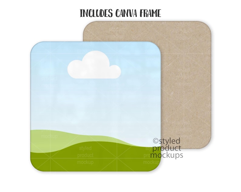 May include: A digital mockup of a square card with a blue sky, white cloud, and green grass. The card is on a brown background. The text "Includes Canva Frame" is at the top of the image. The text "styled product mockups" is at the bottom of the image.
