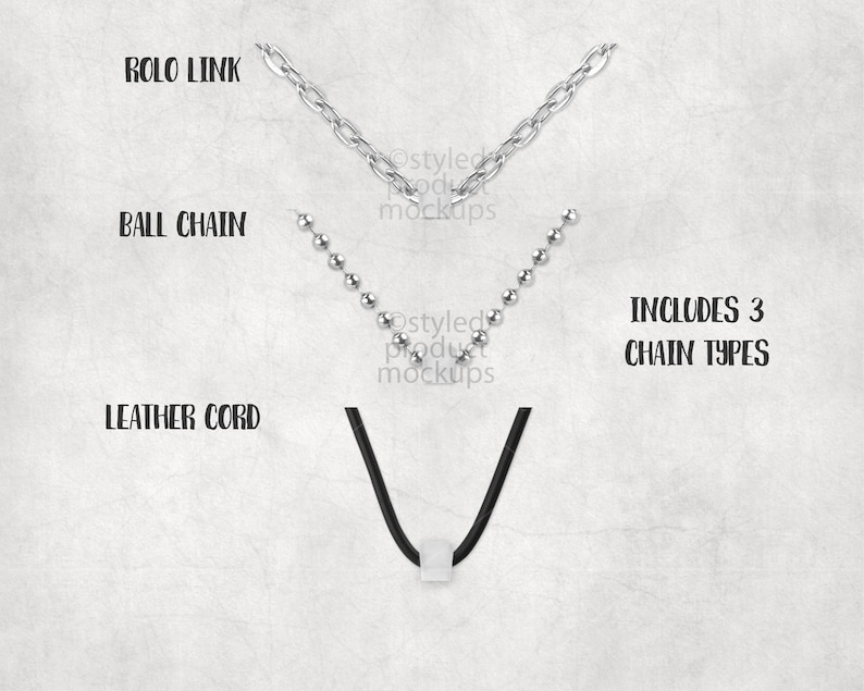May include: Three different types of chains for jewellery making: a rolo link chain, a ball chain, and a black leather cord. Includes 3 Chain Types.