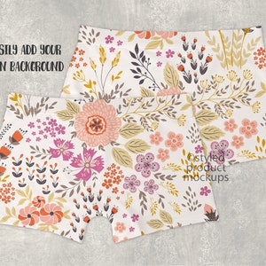 May include: Two pairs of white boxer shorts with a floral print featuring pink, orange, and yellow flowers. The text "EASILY ADD YOUR OWN BACKGROUND" is visible in the top left corner of the image.