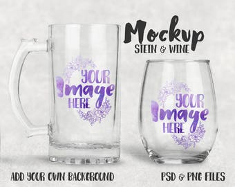 May include: Mockup of a clear glass stein and wine glass with a purple watercolour floral design and the text "YOUR IMAGE HERE".