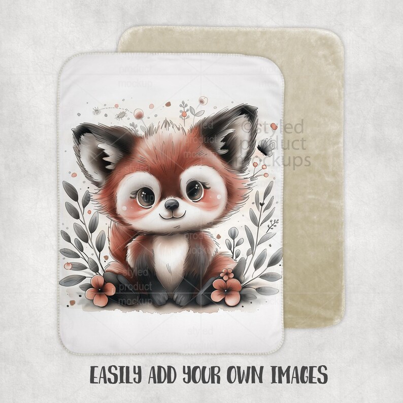 Peut inclure: Une couverture blanche pour b&eacute;b&eacute; avec une illustration de renard de dessin anim&eacute;. Le renard a un pelage rouge et marron, de grands yeux et des joues roses. La couverture a une texture douce et moelleuse et est entour&eacute;e d'&eacute;l&eacute;ments floraux et de feuilles. Le texte "EASILY ADD YOUR OWN IMAGES" est en bas.