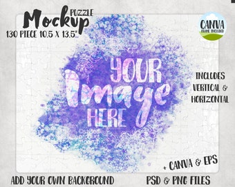 May include: A 130-piece jigsaw puzzle mockup measuring 10.5 by 13.5 inches. The center features a purple and blue watercolor splash design with white floral line art and the text YOUR IMAGE HERE. Includes Canva, PSD, and PNG file formats.