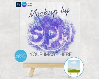 Mockup fototegel op houten ezelstandaard | Smart PSD, Canva-link, png en eps