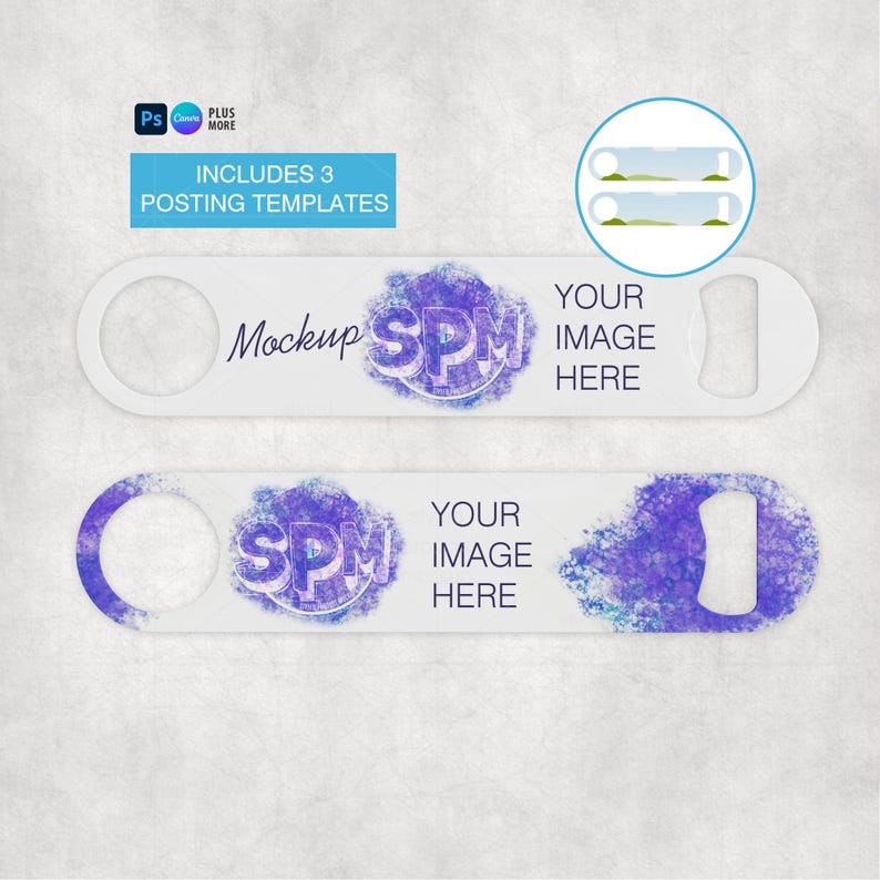 May include: Two white bottle openers with a circular hole and a bottle cap opener. Each has a purple watercolor design with the text "Mockup SPM" and "Your Image Here". The image includes the text "Includes 3 Posting Templates".