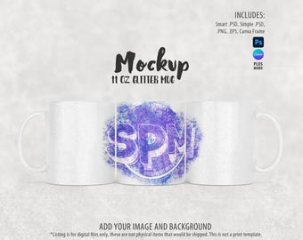 Glitter Mug Mockup: 11oz Dye Sublimation Full Wrap (PSD, PNG, Canva)