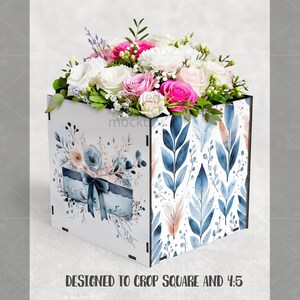 May include: A square wooden floral box with a watercolor design of blue leaves and a floral arrangement of pink, white, and cream roses. The box has a watercolor design of a gift box with a blue ribbon. The text "DESIGNED TO CROP SQUARE AND 4:5" is at the bottom.
