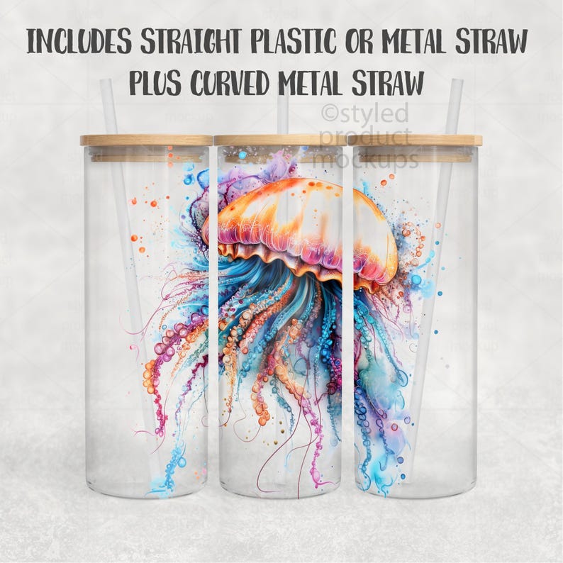 May include: Clear glass tumbler with a bamboo lid and a colorful jellyfish design. The jellyfish is depicted in watercolor style with orange, blue, and purple hues. Includes a straight plastic or metal straw, plus a curved metal straw.