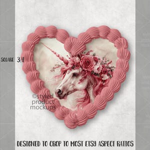 May include: A pink heart-shaped frame with a textured border surrounds a watercolor illustration of a unicorn. The unicorn has a pink mane, a horn, and is adorned with roses. The text "DESIGNED TO CROP TO MOST ETSY ASPECT RATIOS" is at the bottom.